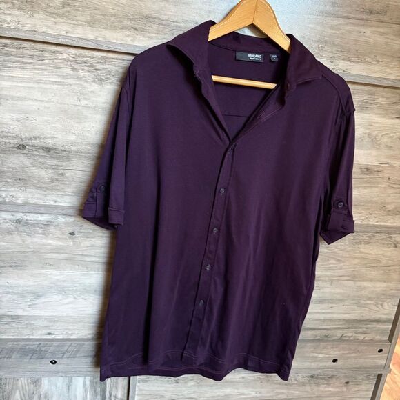 Murano Liquid Luxury Burgundy & Purple Pattern Print Short Sleeve Button Down Sh - Picture 5 of 11